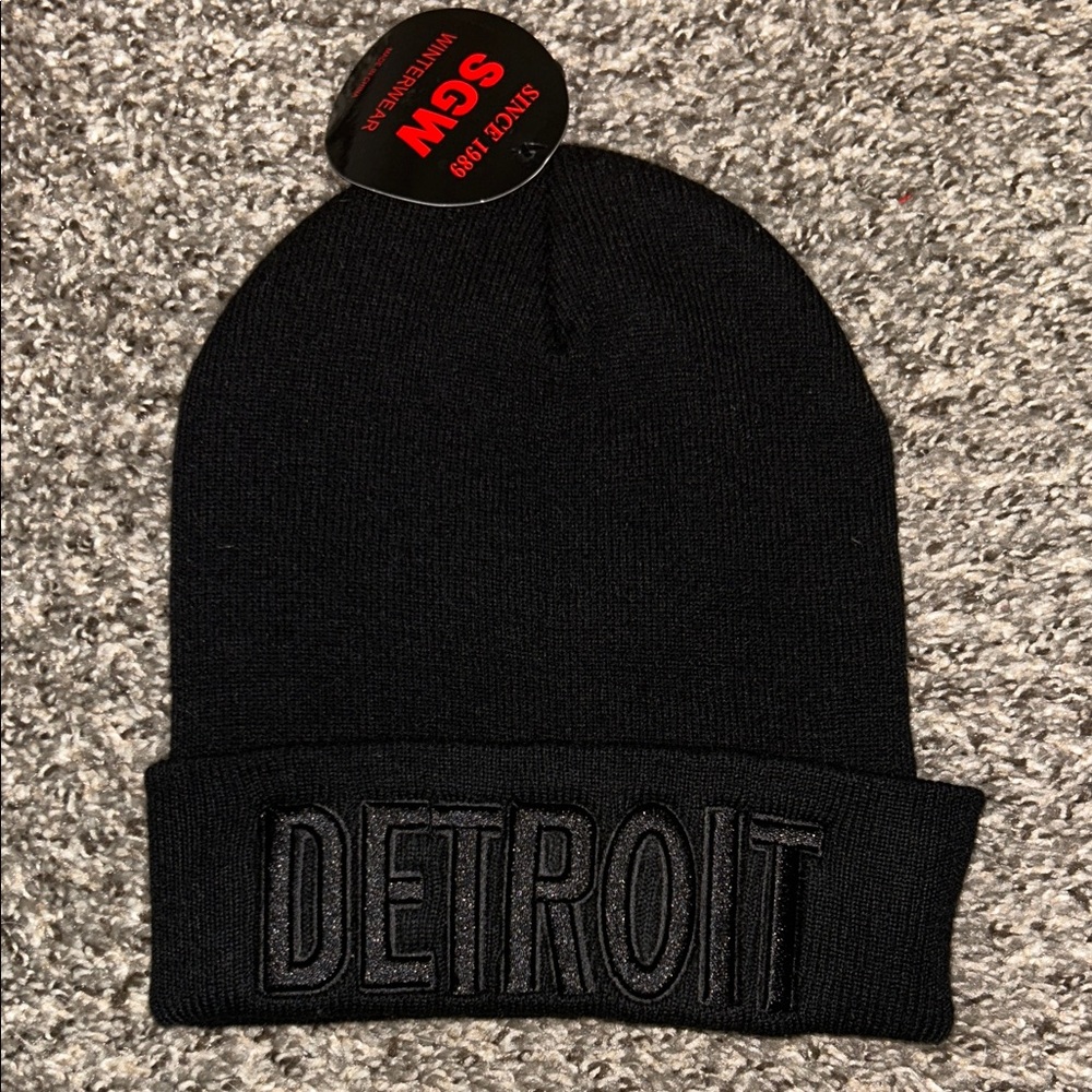 Detroit Embroidered Fold-Over Beanie - Black